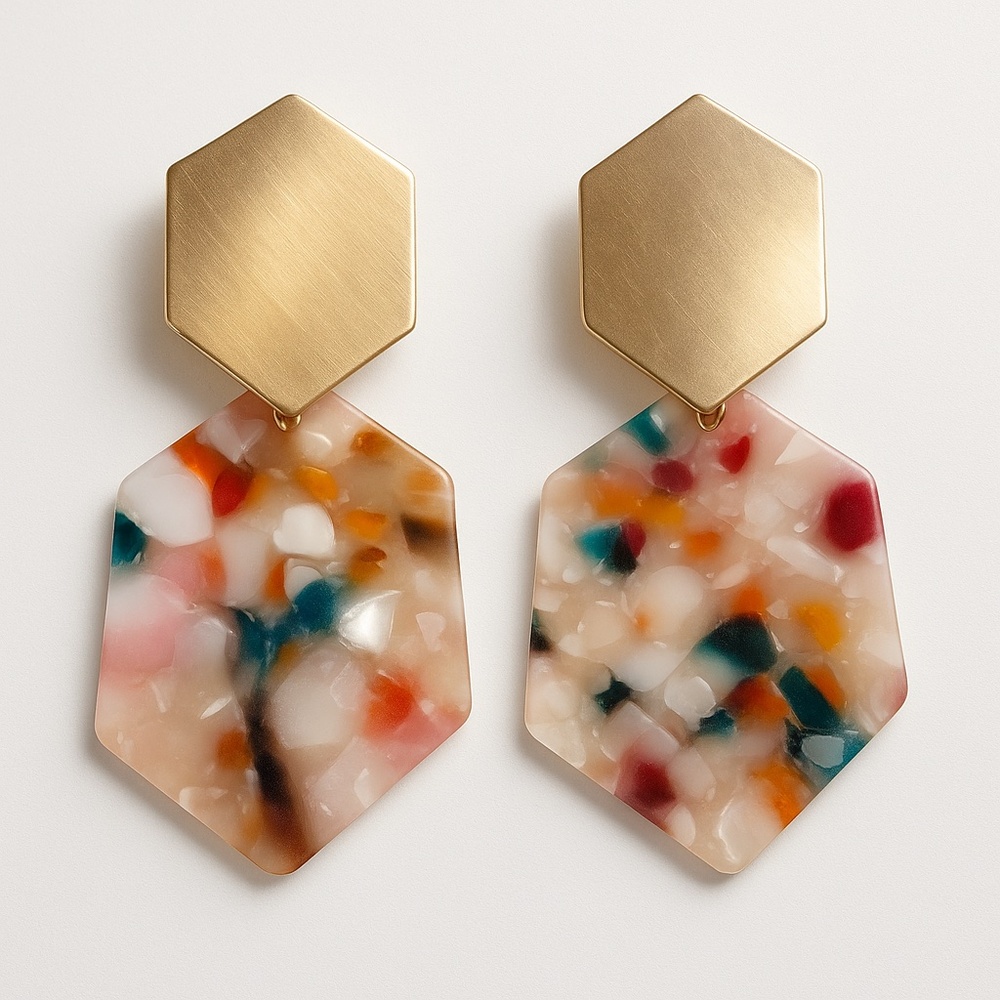 Gold and Multicolor Hexagon Earrings